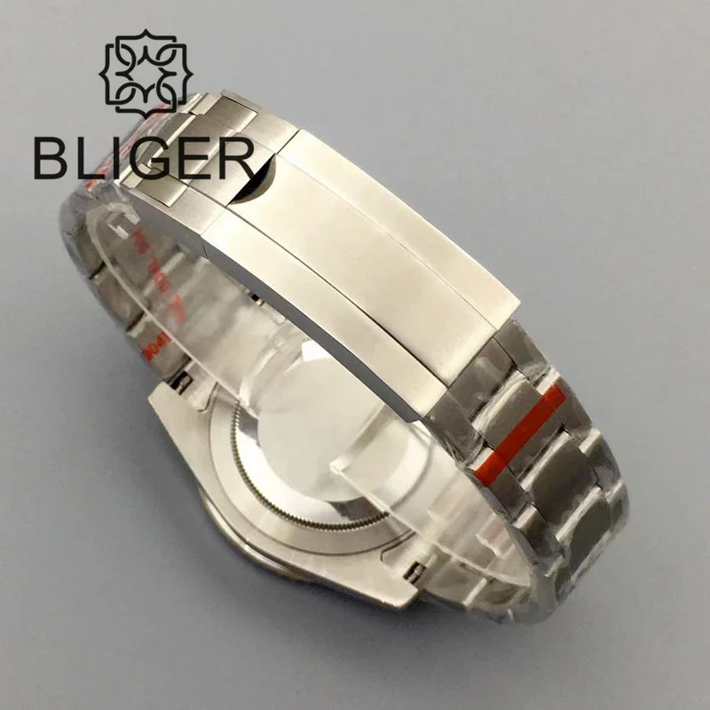 BLIGER 40mm Men\'s Watch 24 Jewel NH35A Mechanical Sapphire Glass Black Dial Luminous Stainless Steel Bracelet Waterproof Date