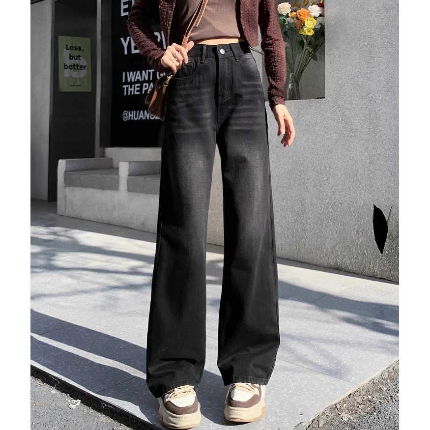 Black and grey wide-legged jeans female 2024 spring and autumn new small high-waisted loose leisure straight drag trousers