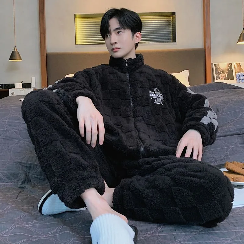 

2024 New Pajamas Men's Coral Velvet Autumn Winter Loungewear Plush Thick Warm Sleepwear Youth Zipper Stand Collar Homewear