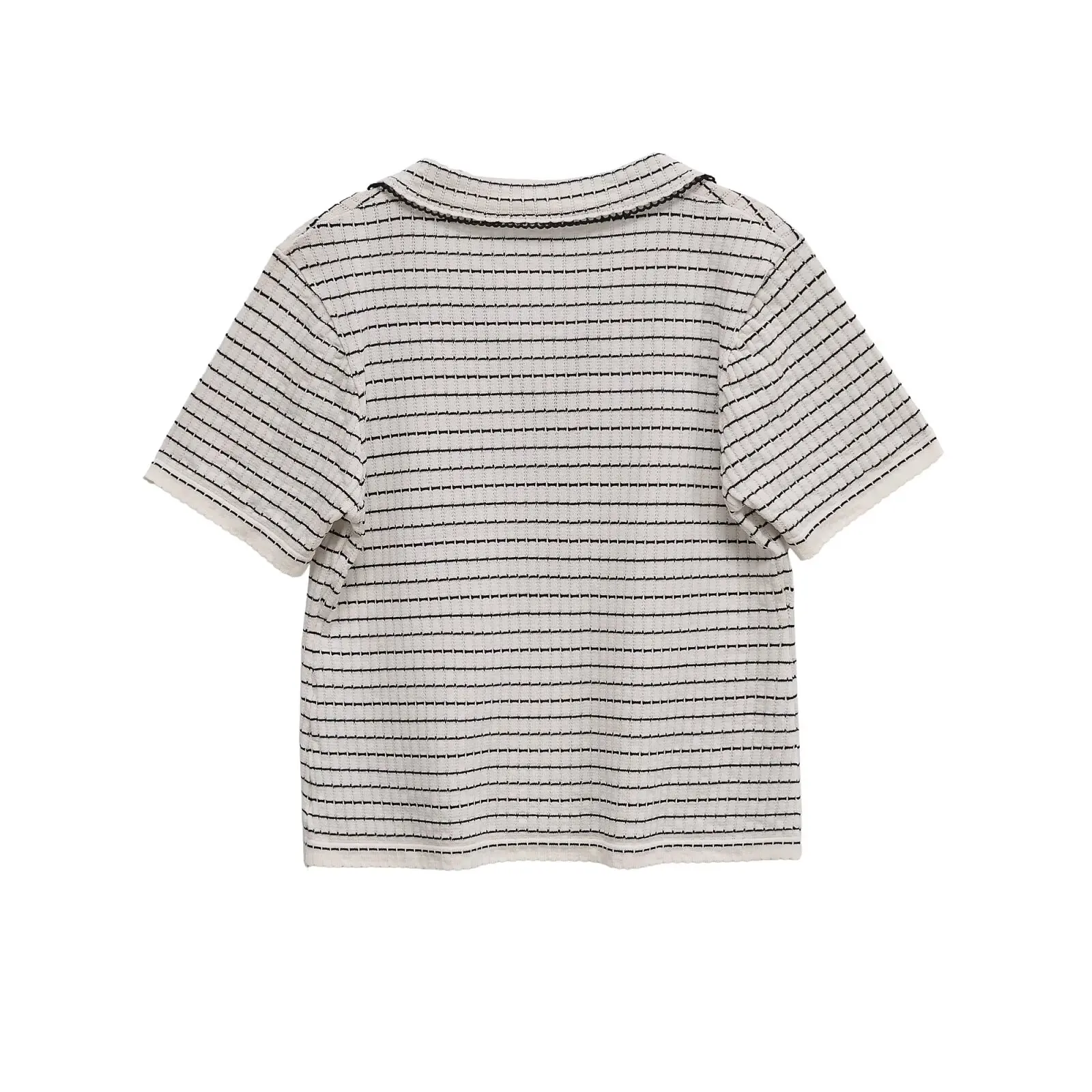 Dave&Di Nordic Minimalist Striped Jacquard Texture Cotton T-shirt Summer Short Sleeved Polo T-Shirt For Women Pullover Top