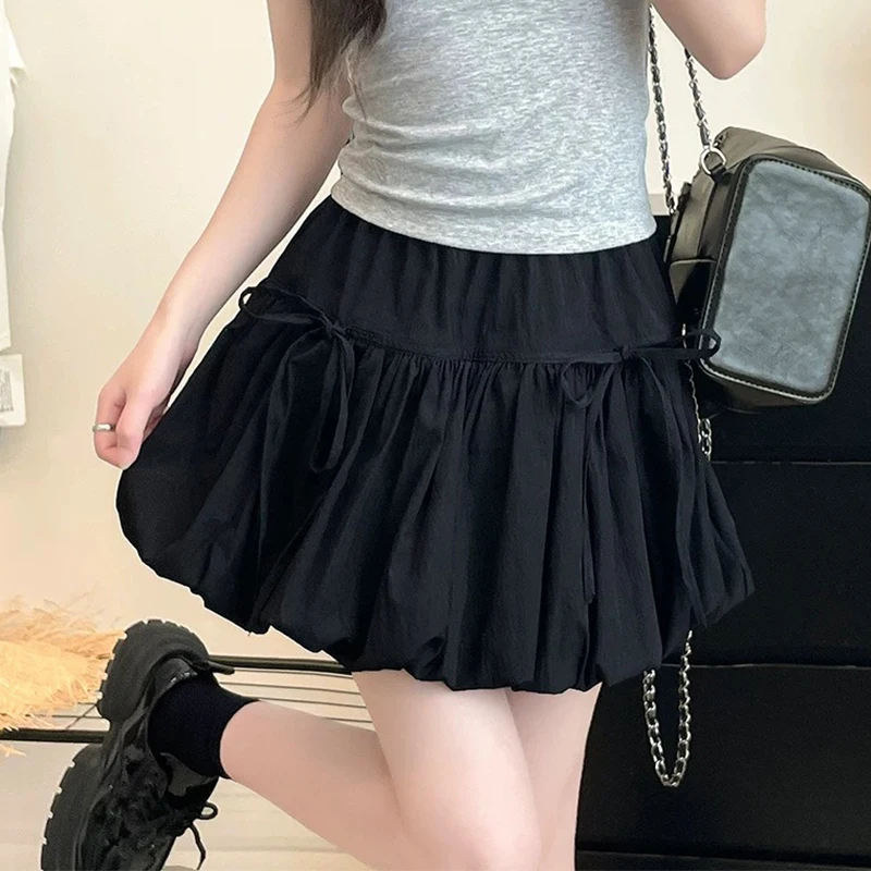 Preppy Style Kids Casual Blue Black White Bubble Skirt with Bow for Tweens Girl Elegant Skort Children School Skirt with Shorts