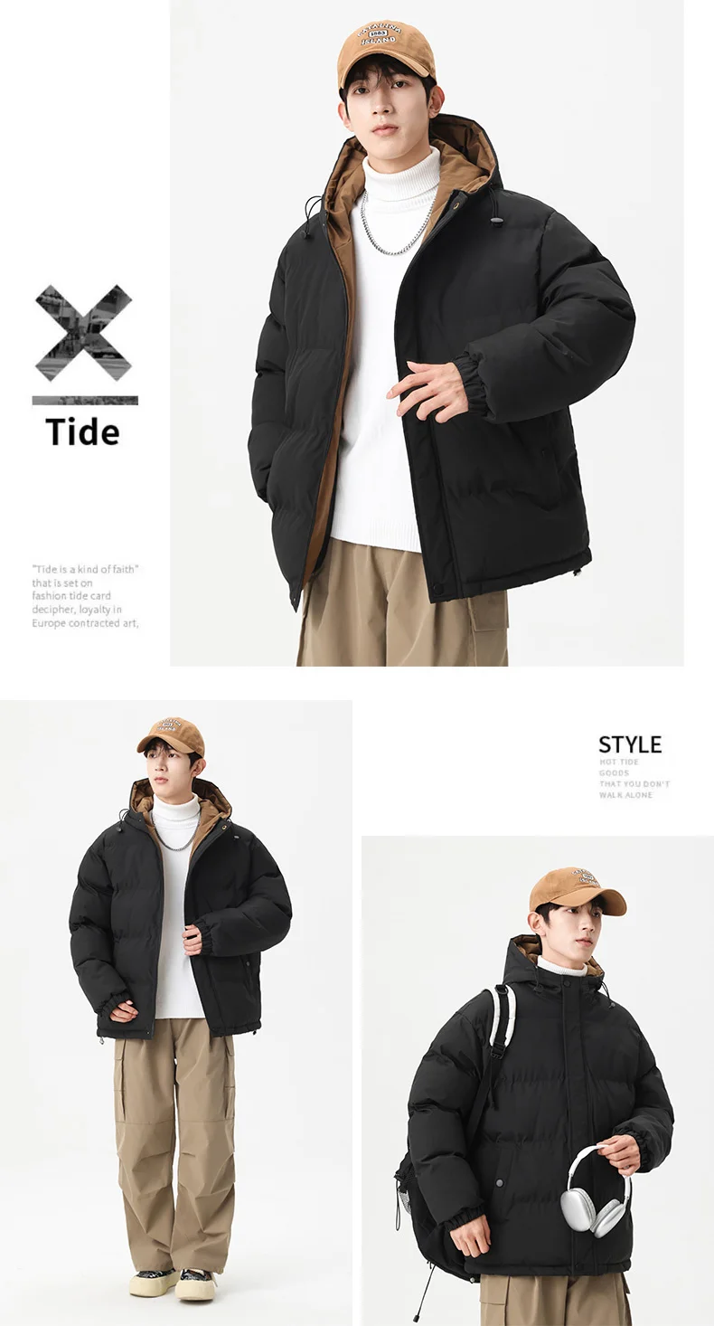 Winter Solid Color Hooded Parkas for Men New Style Comfortable Warm Cotton Coats Fashion Thicken Outerwear Outdoor Windproof