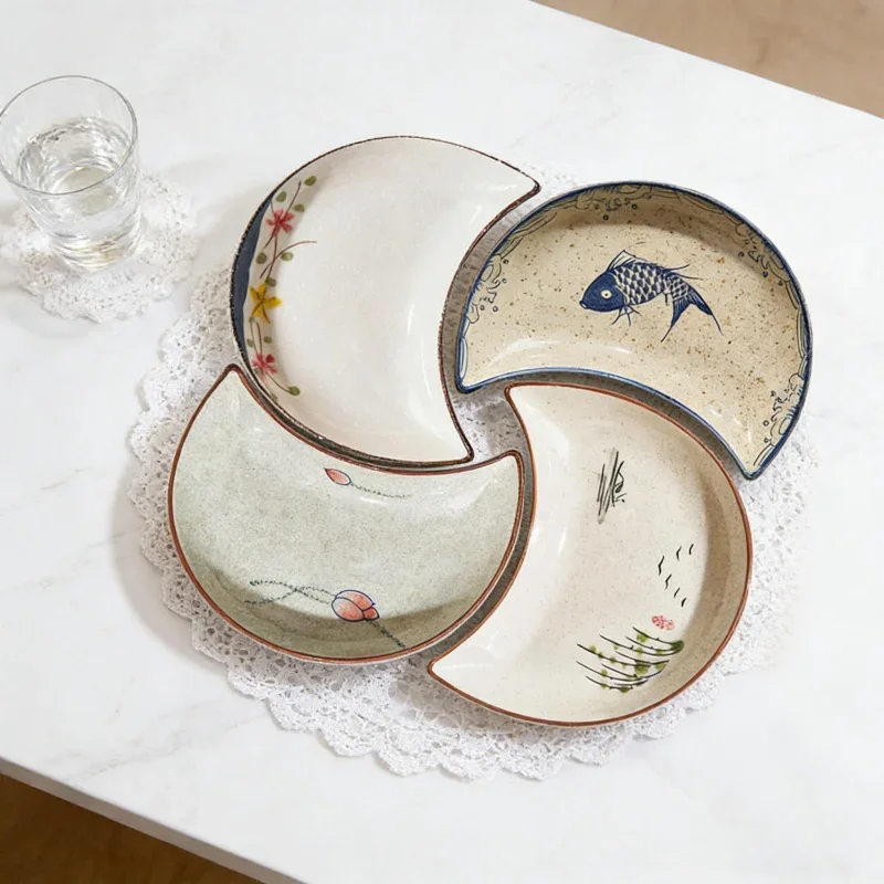 4pcs Moon-Shape Ceramic Platter Set - Home & Party Plates for Snacks, Sushi & Desserts - Perfect for Family Meals, Gatherings