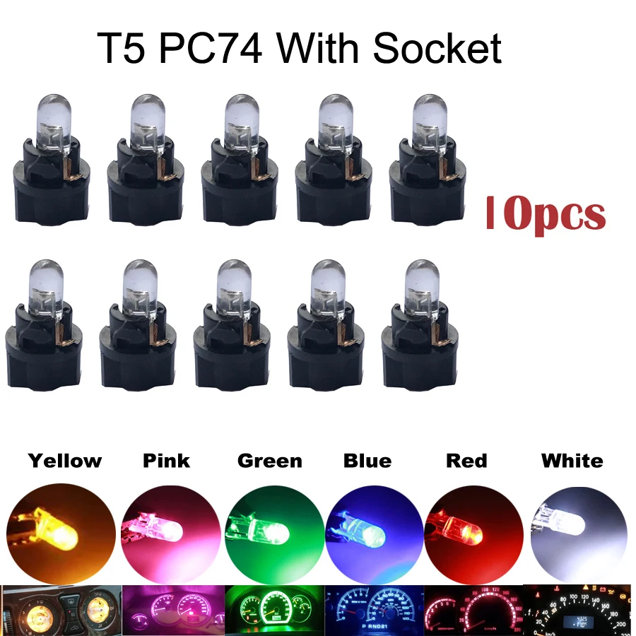 10pcs T5 PC74 B8.5 Led W3W Car Interior Light Dashboard Warming Indicator COB Chip Canbus Auto Instrument Light Wedge Gauge Bulb