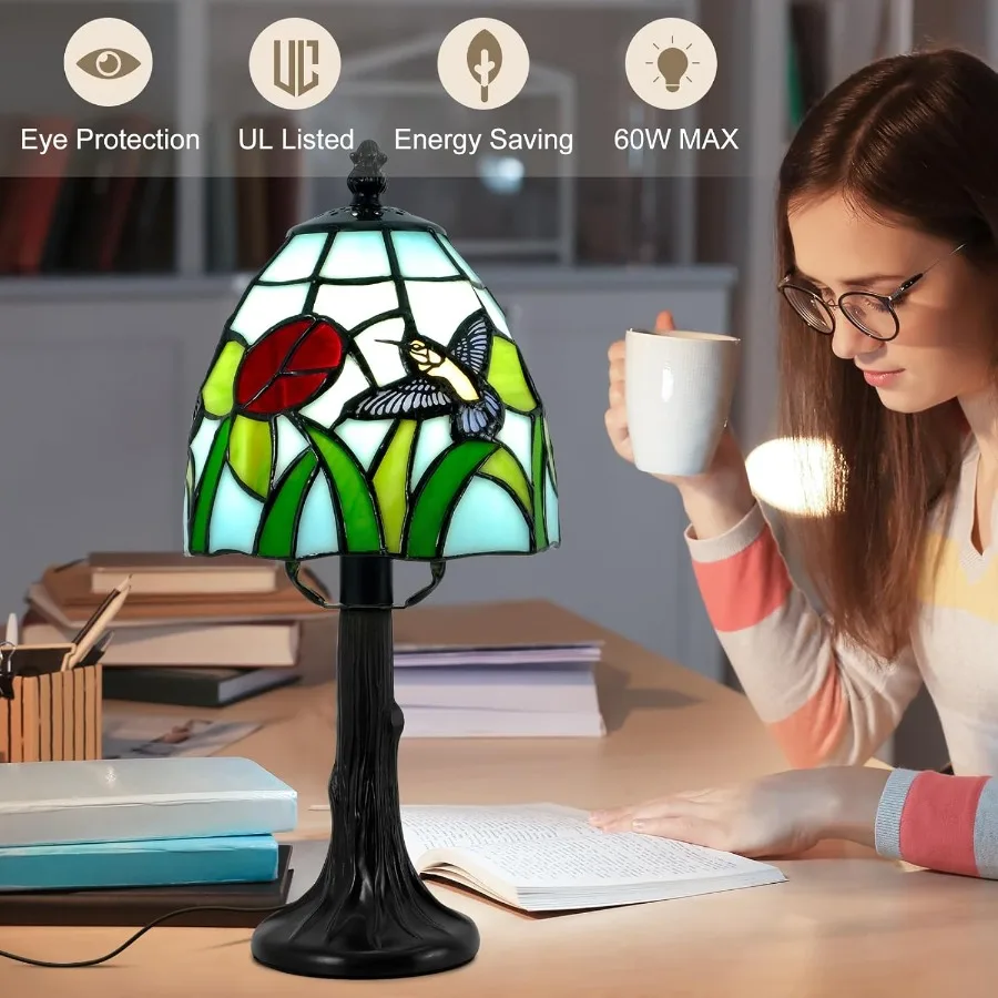 تيفاني نمط الجدول مصباح 6 بوصة مصابيح طاولة من الزجاج الملون مع الطائر الطنان زهرة خمر تصميم صغير LED مكتب ضوء ليفين #4
