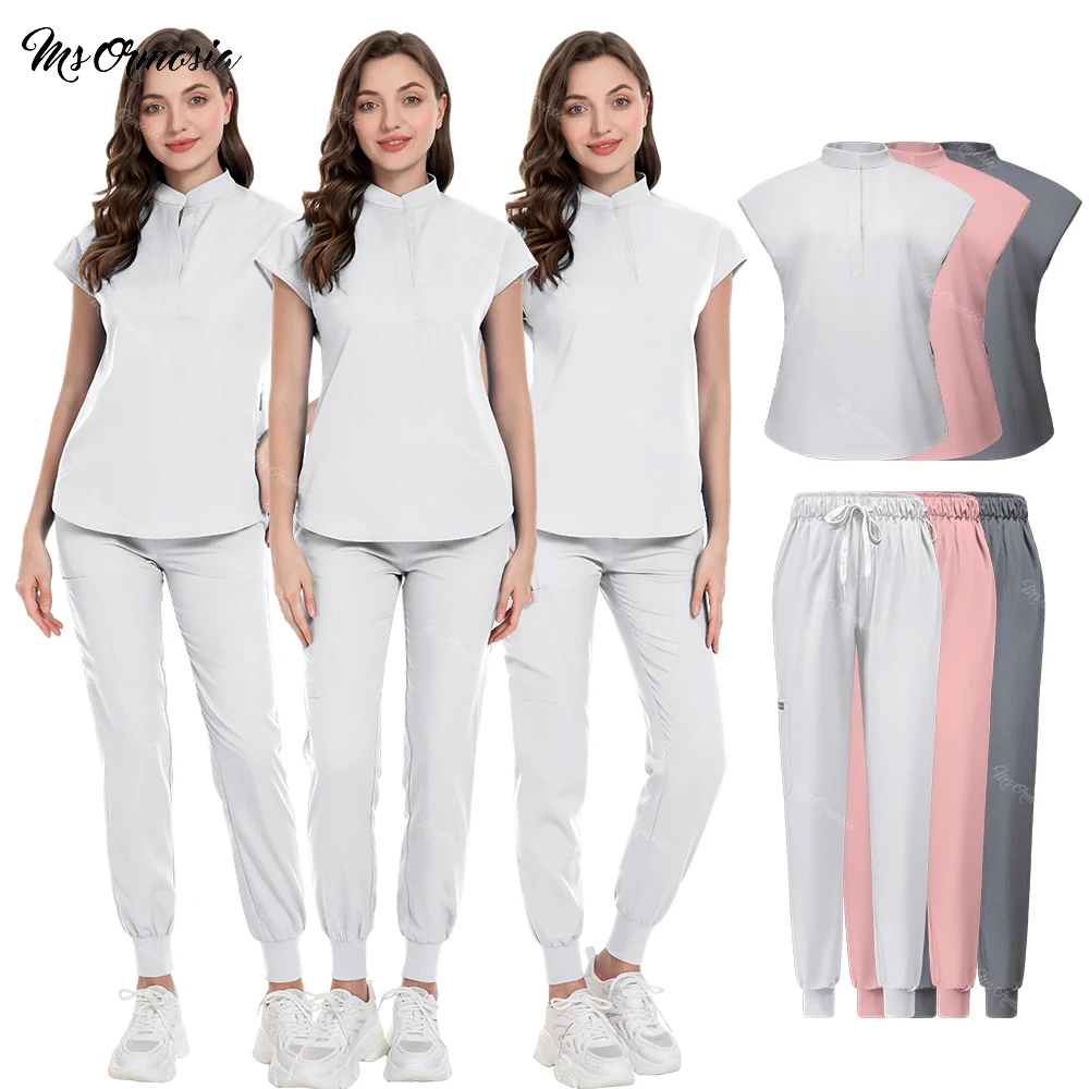 Wit Klinisch Uniform Medische Scrubs Set Chirurgische Uniformen Stretch Scrub Top Met Zakbroek Arts Chirurgie Overalls Werkkleding