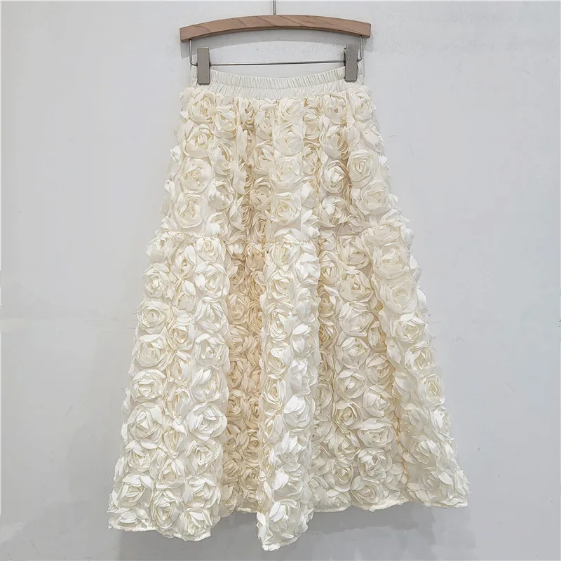 

Autumn Winter Solid A-line Vintage Faldas Mujer Korean Fashion Hyperbole Elegant Long Skirt 3D Flowers Women Skirts