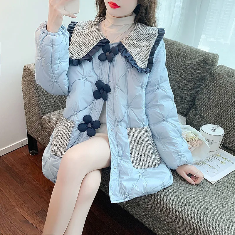 Sweet Peter Pan Collar Parka Coat Women Winter 2023 Fashion Hit Color Pockets Jacket Causal Flowers Zipper Parkas Top