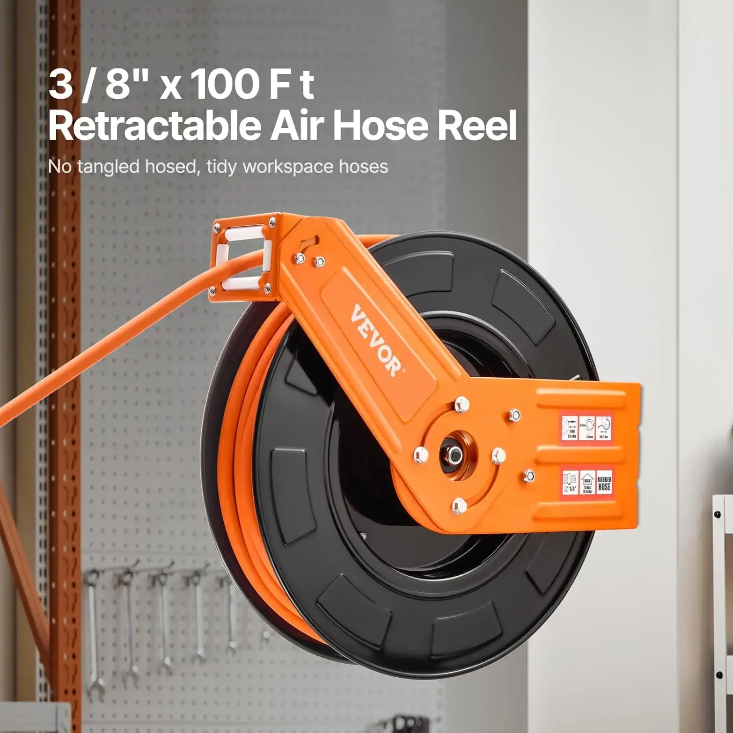 Auto Rewind 3/8In x 100Ft Rubber Air Hose Reel 300PSI Max 5Ft Lead In Wall Ceiling Mount Single Arm Steel Reel 1/4In NPT Fitting