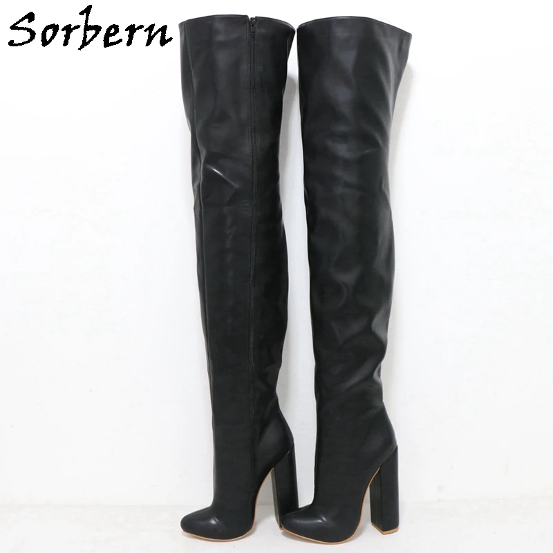 Sorber nero opaco stivali Unisex donna metà coscia alta sopra il ginocchio stivale Fetish 15Cm blocco tacco alto carino punta tonda scarpe