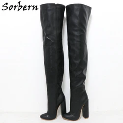 Sorber nero opaco stivali Unisex donna metà coscia alta sopra il ginocchio stivale Fetish 15Cm blocco tacco alto carino punta tonda scarpe personalizzate