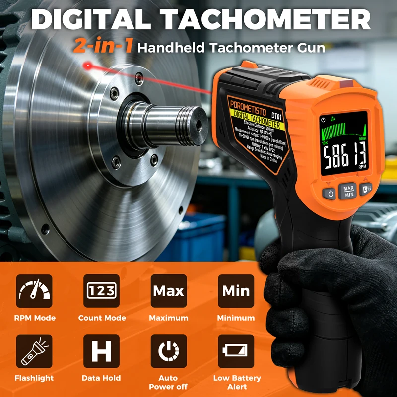DT01 Digital Laser Tachometer Non-Contact Handheld Tachometer With Counting Measurement 10-99999RPM Range Motor Speed Meter