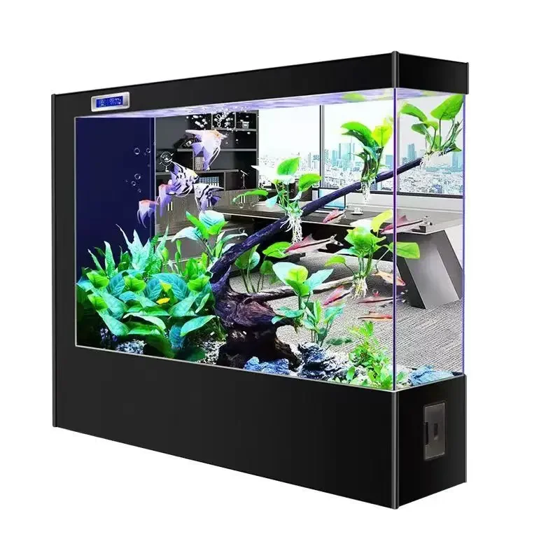 Floor-to-ceiling ultra-white square tank lazy water-free glass fish tank screen partition