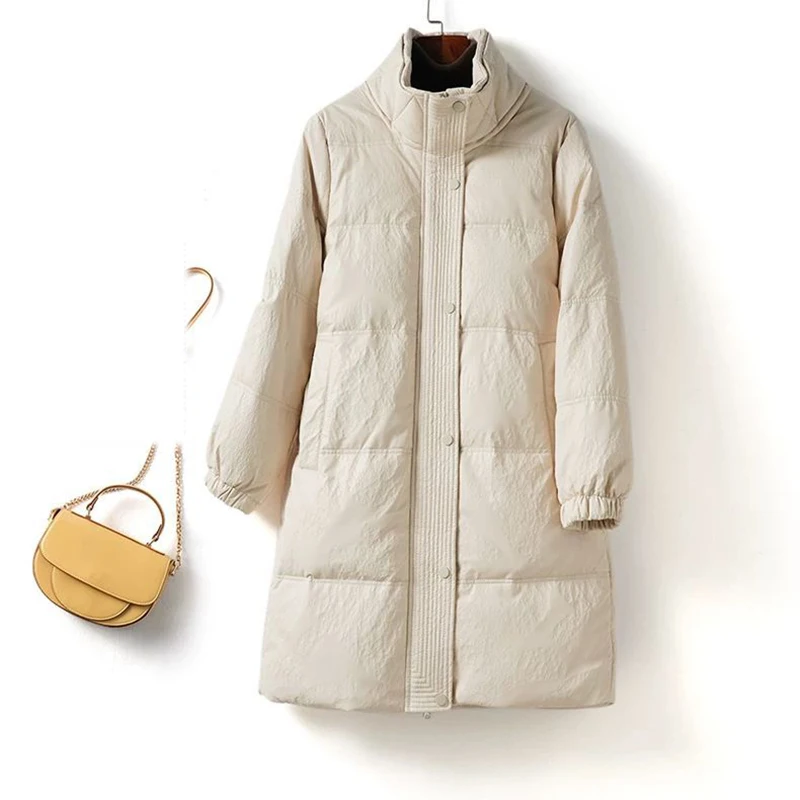 Women's middle long stand collar 90 white duck down leather jacket winter new solid single breasted casual versatile down coat
