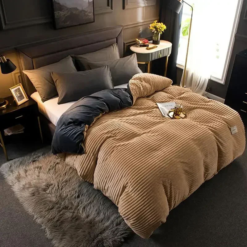 Magic Velvet Quilt Duvet Cover Bedding Set 150 220x240Simple Luxury Winter Warm Thickened Snow Fleece Solid Colors Gray Yellow50