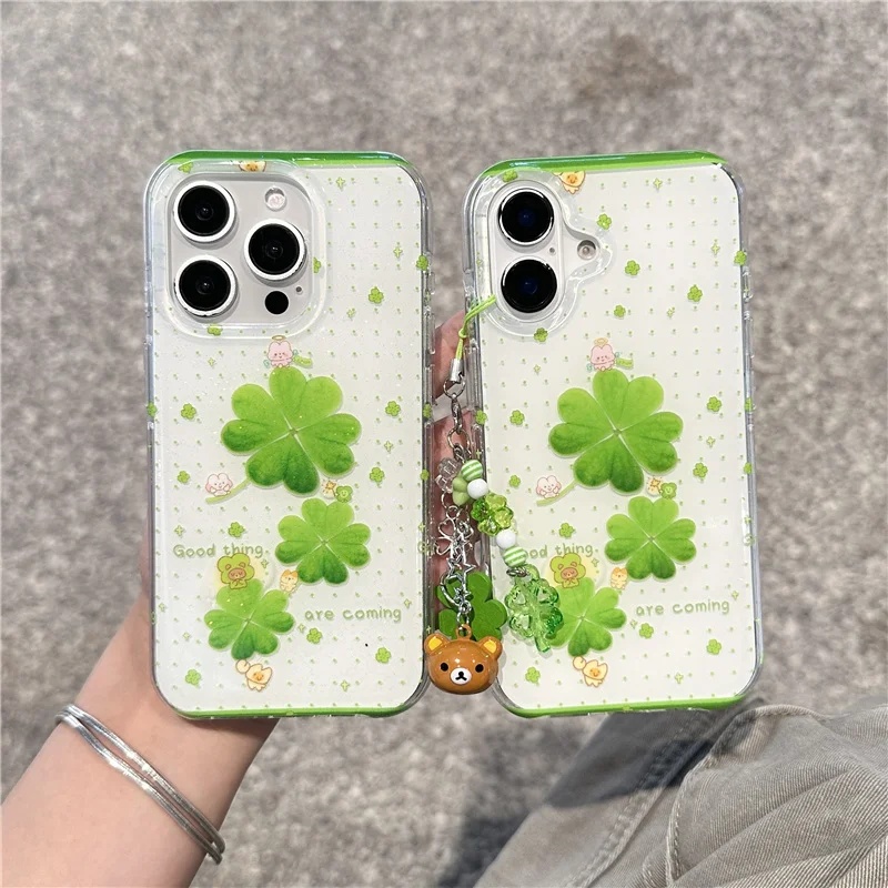 

Fashion Glitter Green Leaf Phone Case For iPhone 16 Pro 15 13 14 Pro Max Cover with Chain Shockproof Cartoon Cases