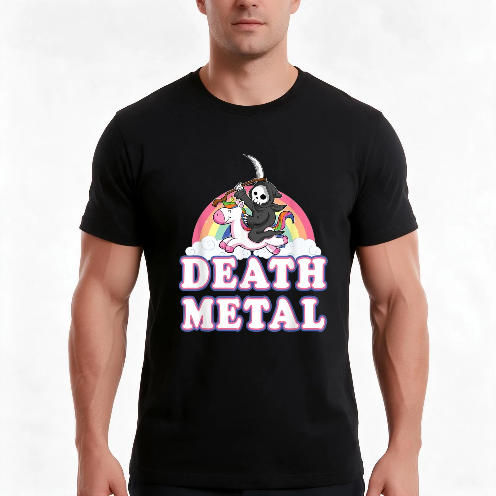 Death Metal Rainbow Grim Reaper Unicorn T-Shirt, Summer Casual Cotton Tee, Oversized Streetwear Tops, Vintage Graphic Print
