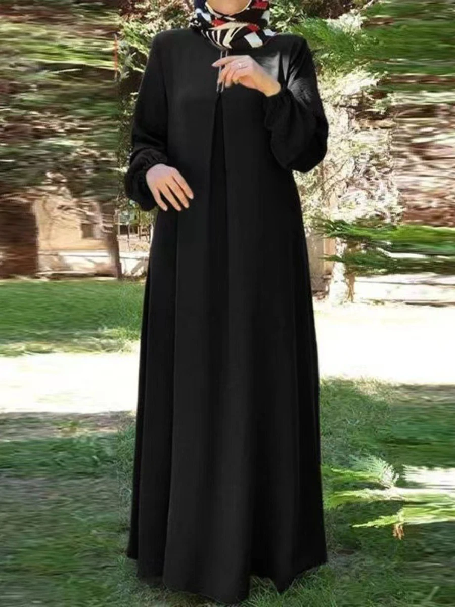 Abaya Muslim Women Clothing Solid Color Robe Long Sleeved Loose Round Neck Dress Vintage Loose Kaftan One Piece Set Gown 2024