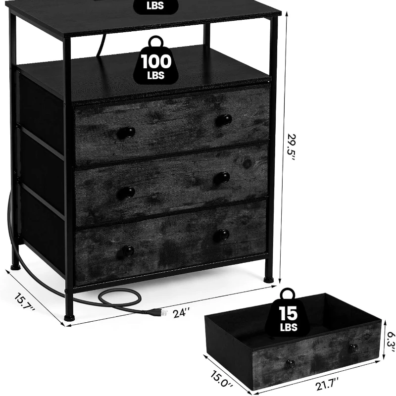 محطة شحن 3 أدراج، مجموعة حامل ليلي LED بعرض 24 بوصة، 2 مع رف تخزين درج قماشي قابل للتعديل لغرفة النوم باللون الأسود #5