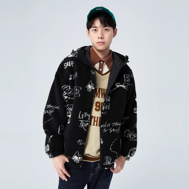 Semir Jacket Men Winter Fashion All-Over Print Faux Shearling Street Style Trendy Hooded Loose Top