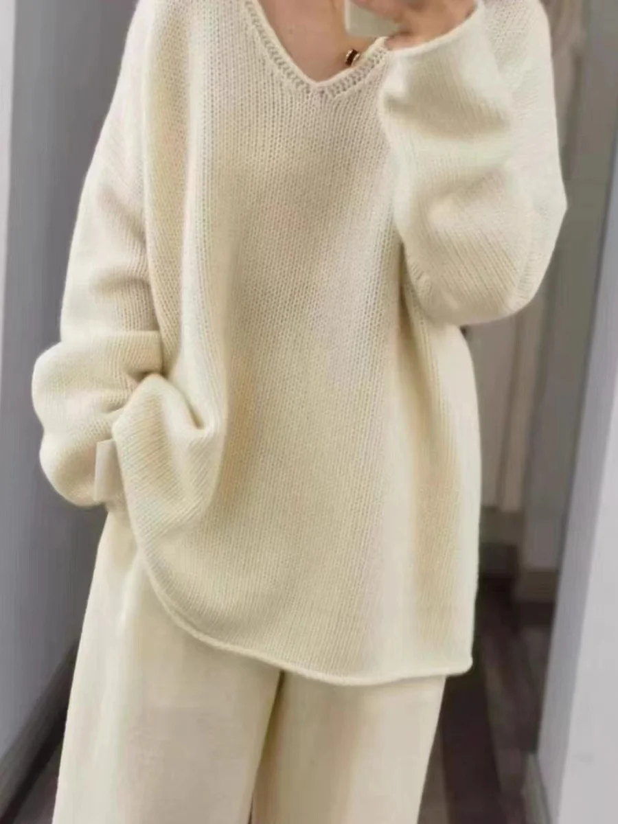 

100% Merino Wool Women's Pullover Mid Length V-neck Loose Fitting Autumn Winter Warm Casual Fashionable Knitted Cashmere Sweater