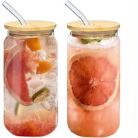 16oz Glass Drinking Cup Comes with A Bamboo Lid and A Glass Straw Suitable for Cocktails Coffee Beverages Etc.
