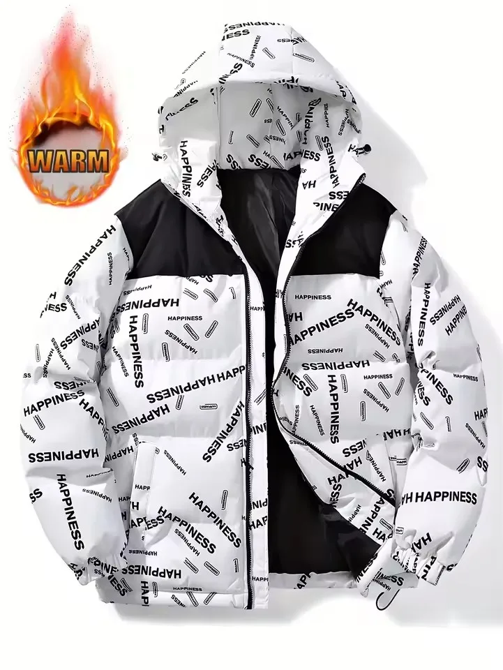 

Мужская толстая ветрозащитная куртка с капюшоном, карманами и шнурком, повседневная универсальная верхняя одежда с буквенным принтом, теплая и стильная для повседневного использования