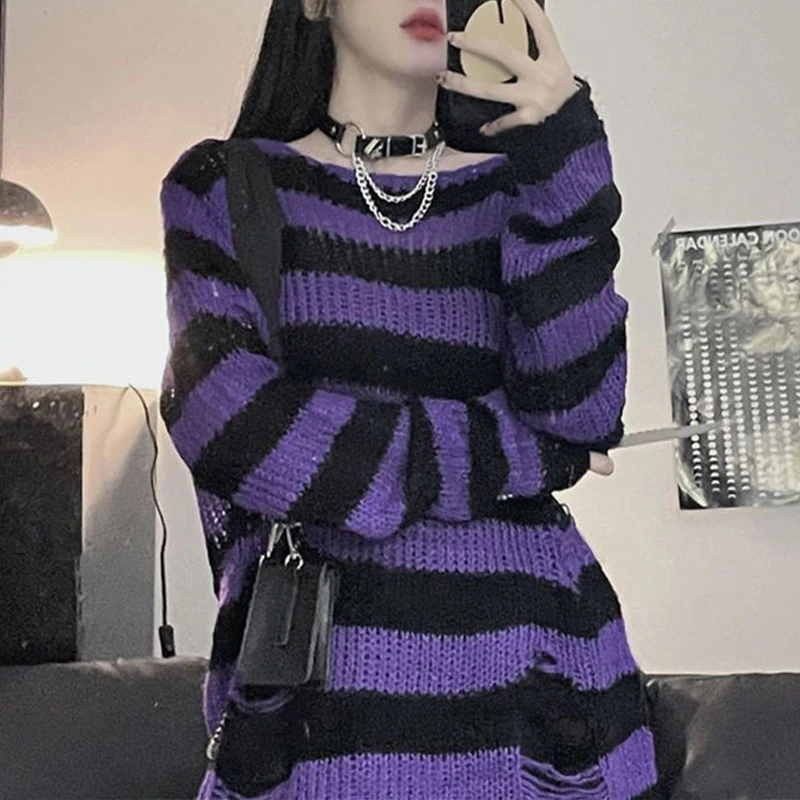 Women Vintage Striped Y2K Harajuku Punk Style Hole Gothic Knitted Sweater Female Oversize Streetwear Long Sleeve Pullover Tops