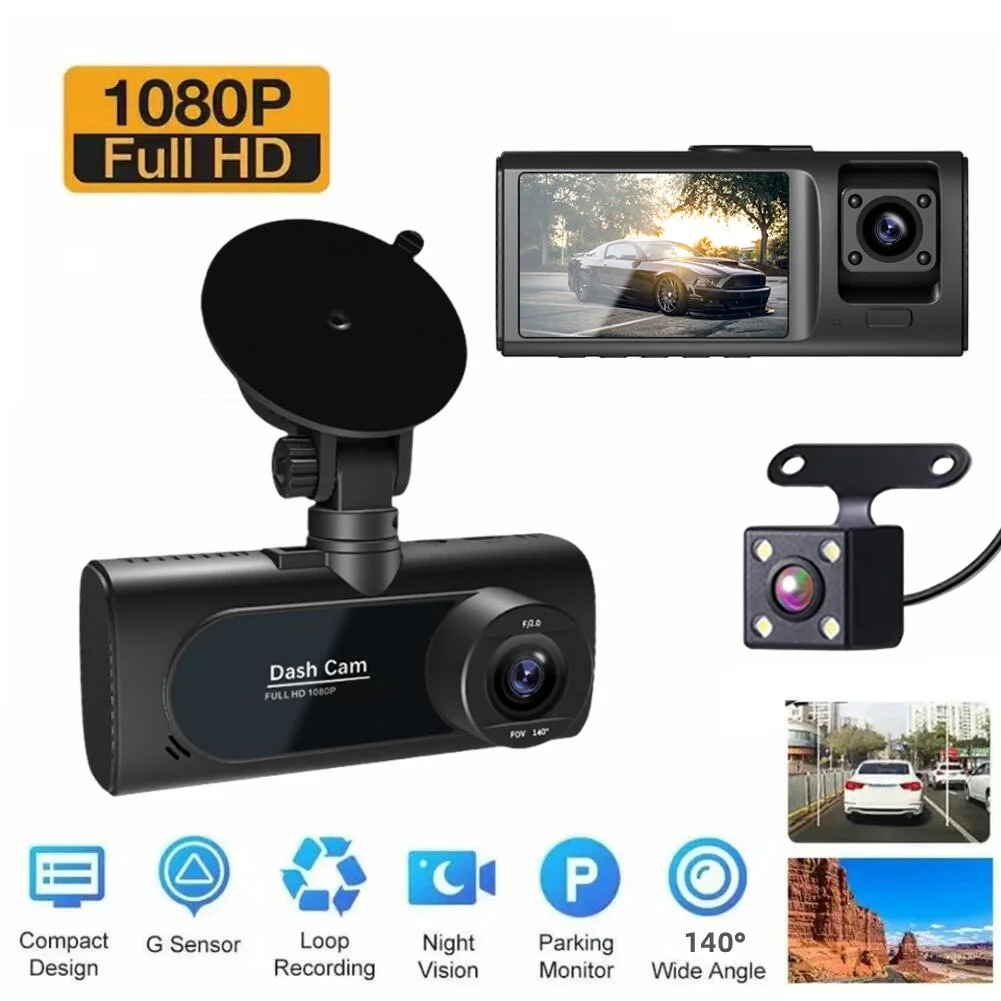 

Car DVR 3 Way Dash Cam Inside Vehicle Camera DVRs Recorder FHD 1080P High-Quality Direct Installation Car Accessories