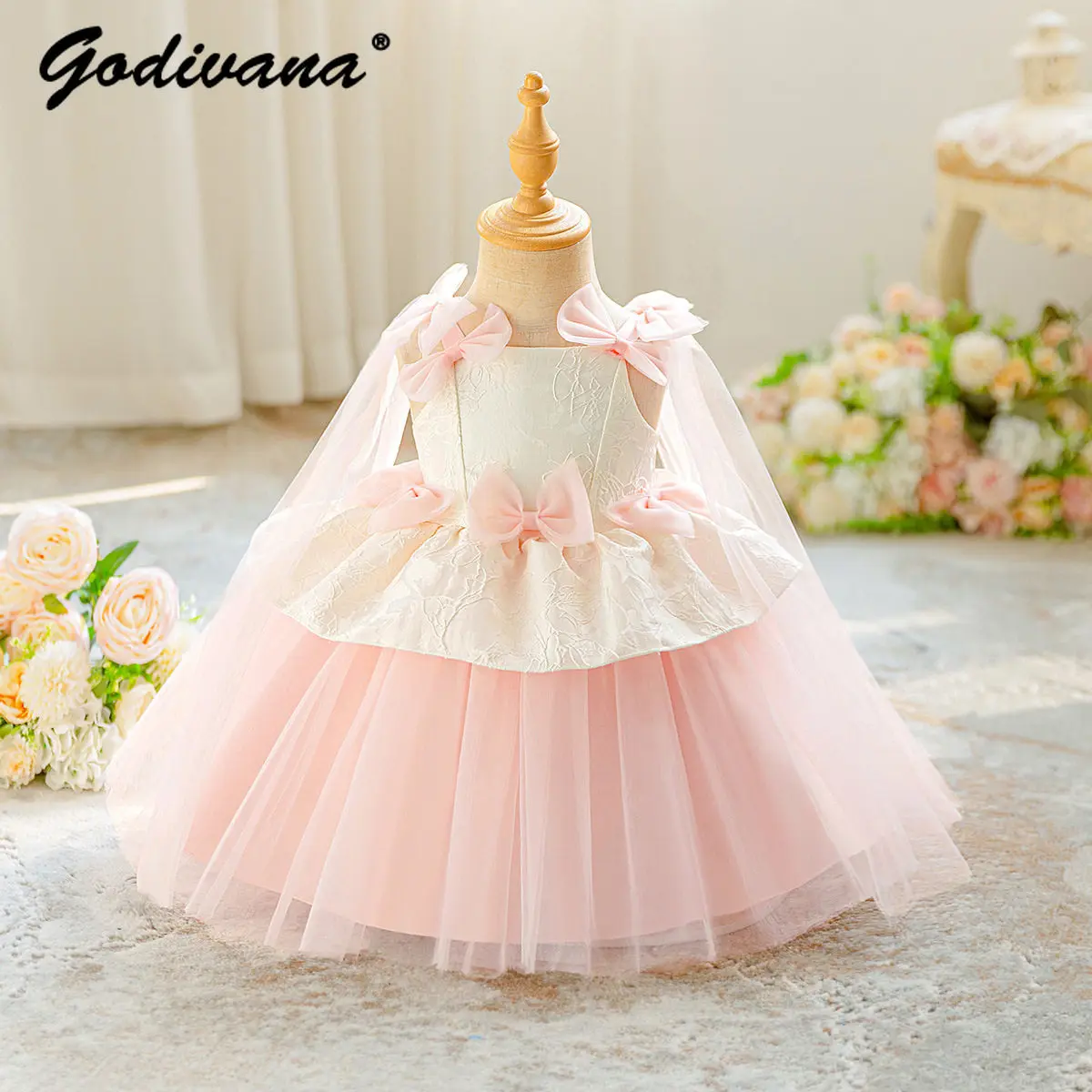 Sweet Baby Girls First Birthday Party Princess Dress Kids European and American High End Fashion Jacquard Mesh Wedding Ball Gown