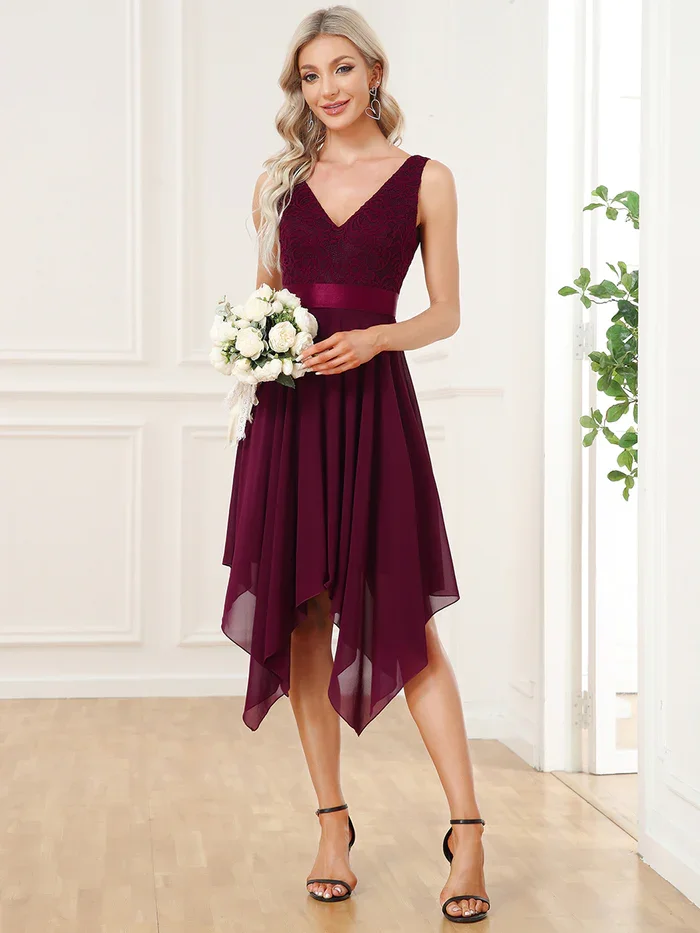 Ever-Pretty Deep V-Neck Lace Chiffon Bridesmaid Dress with Asymmetrical Hem