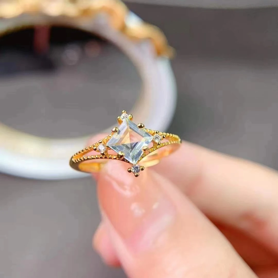 Vintage Silver Gemstone Ring 5mm Princess Square Cut Natural Aquamarine Ring 925 Silver Aquamarine Jewelry view 2