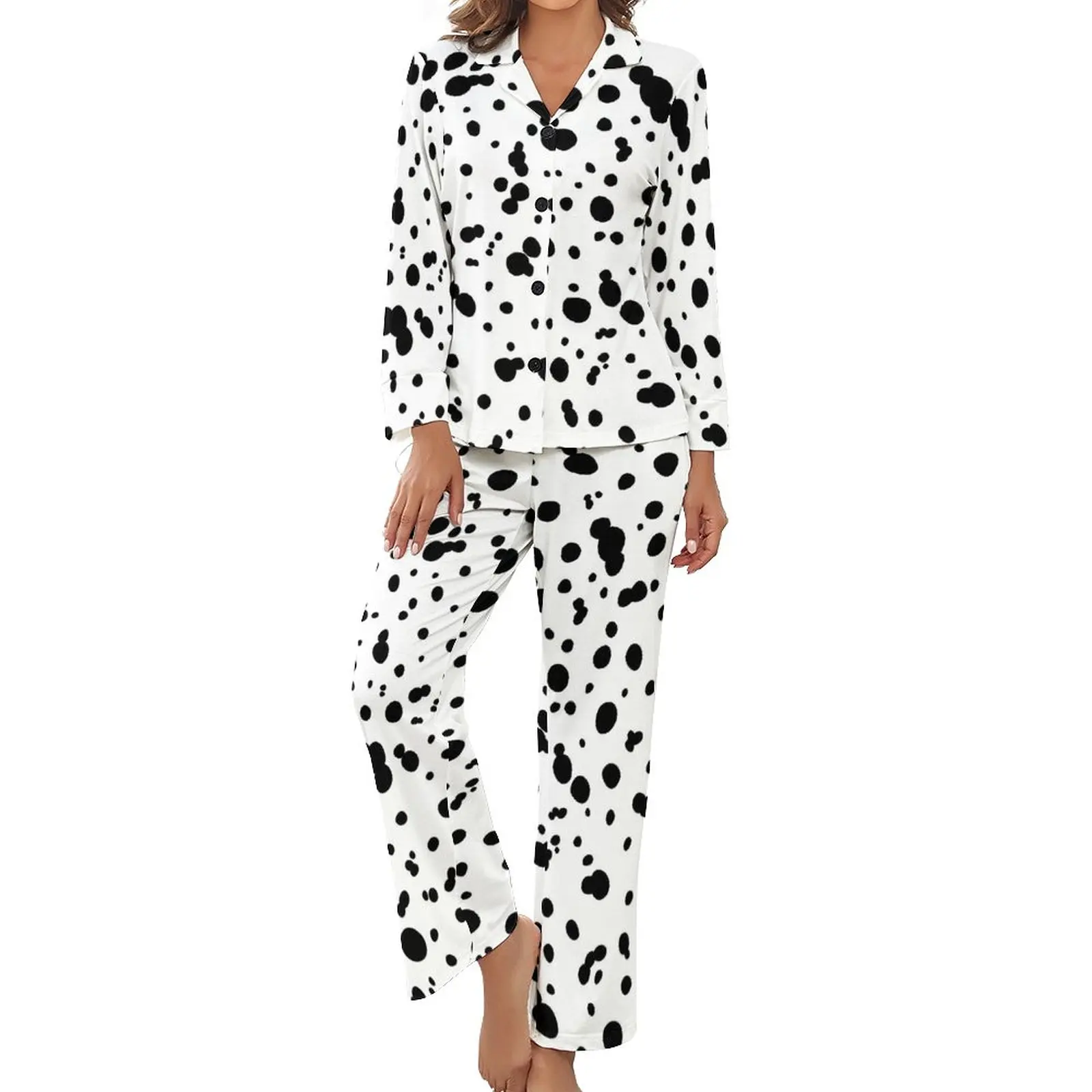 

Dalmatian Spot Pajamas Animal Print Bedroom V Neck Nightwear Female 2 Pieces Graphic Long Sleeve Kawaii Pajama Sets