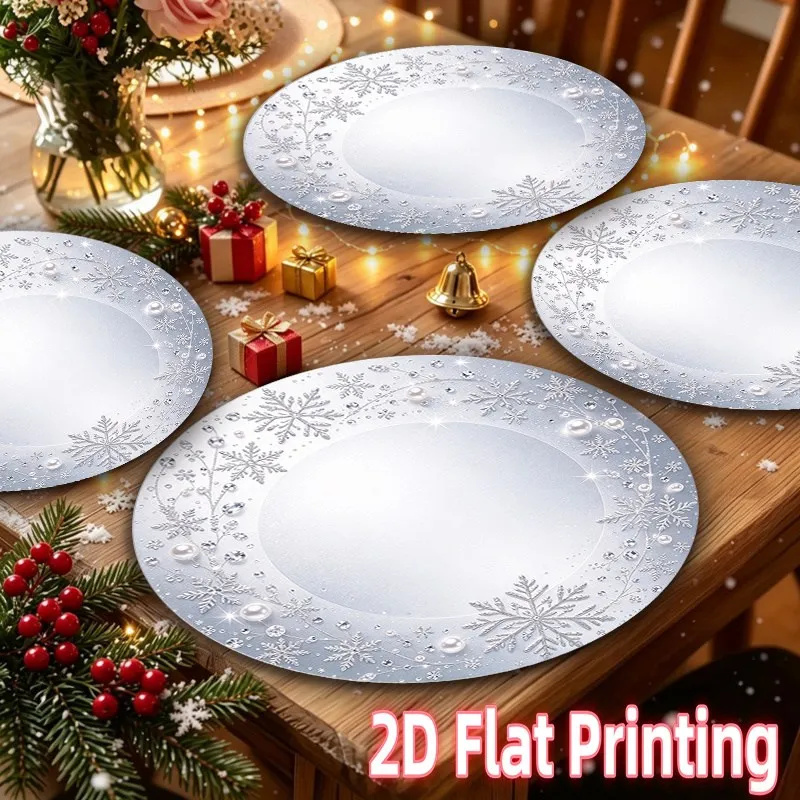 VIKAMA Linen Round Placemats, Silver Snowflake Pearl Blue Design, Washable Stain Resistant Easy Clean, Winter Table