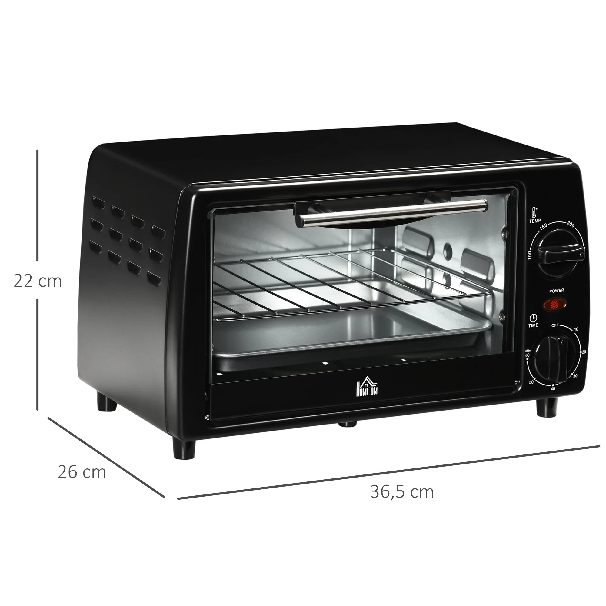 HOMCOM Mini horno eléctrico 10L con 1 rejilla y 1 bandeja, temperatura ajustable desde 100 ° De la C a la 230 ° C, temporizador de 60 minutos, 36,5x26x22cm
