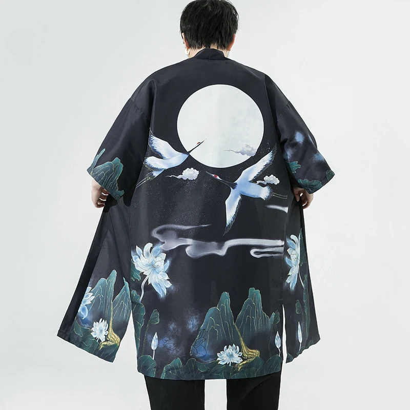 

Summer Men Vintage Print Long Cardigan Cape Kimono Shirts Trench Coat Outerwear Stage Clothes Plus Size 5XL Performance Costumes