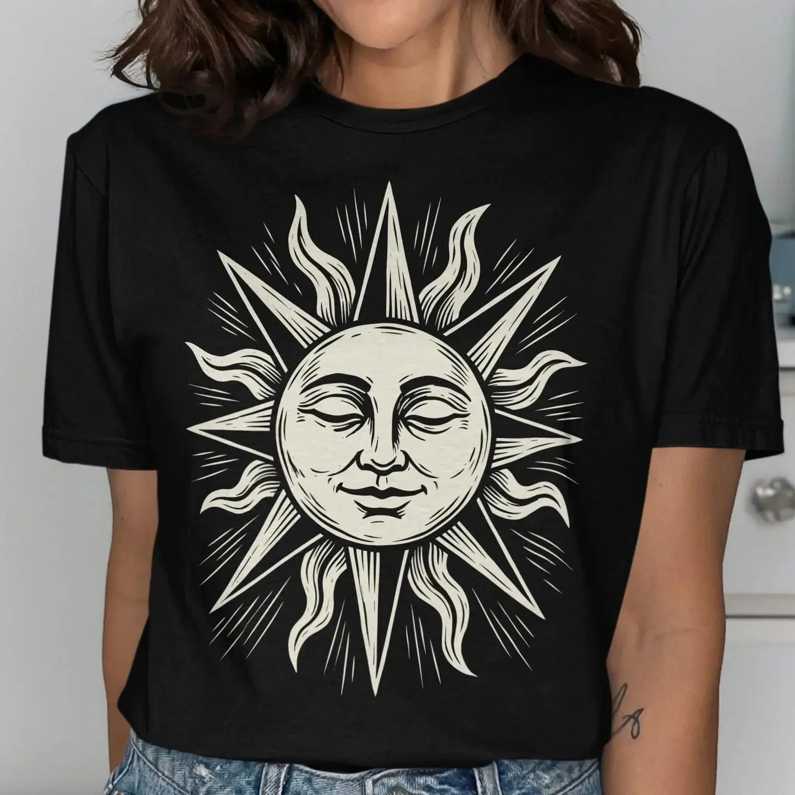 Celestial Sleeping Sun Linocut T Shirt Retro Boho Astrology  vintage Washed Unisex designer clothes Slightly homme Breathable