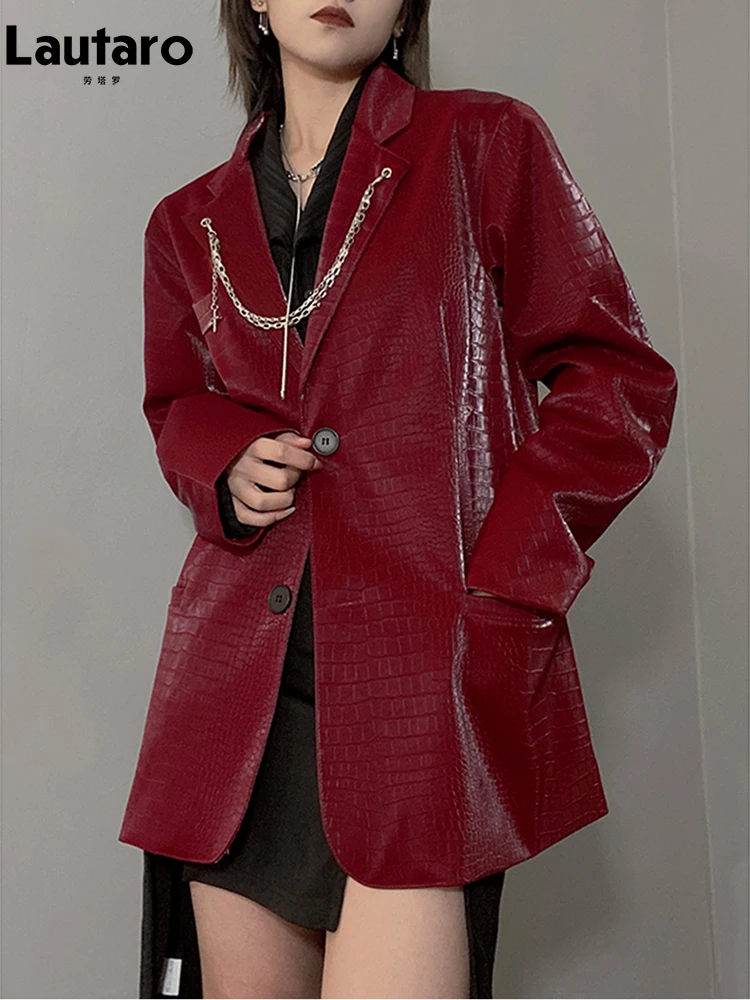 Lautaro-Blazer en cuir PU à imprimé crocodile pour femme, coussinets à manches longues, veste de printemps et d'automne, Cool Shiny Casting, JO2024