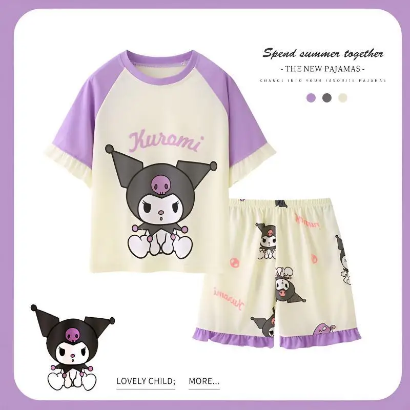 

Sanrio Children Short Sleeve 2Pcs Kuromi Girls Thin Shorts My Melody Girl Cartoon Pajamas Cotton Cute Summer Mid-Large Children