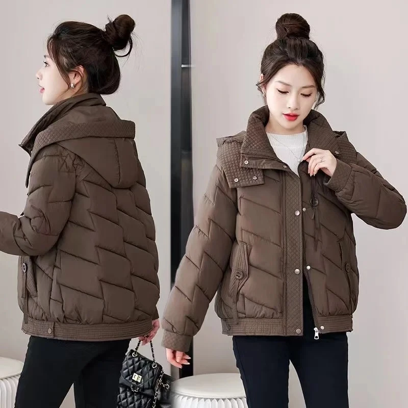 

2024 Zipper Embroidery Female Puffer Jacket Korean Hooded Cotton Padded Women Outwear Winter Solid Color Ladies Down Cotton Coat