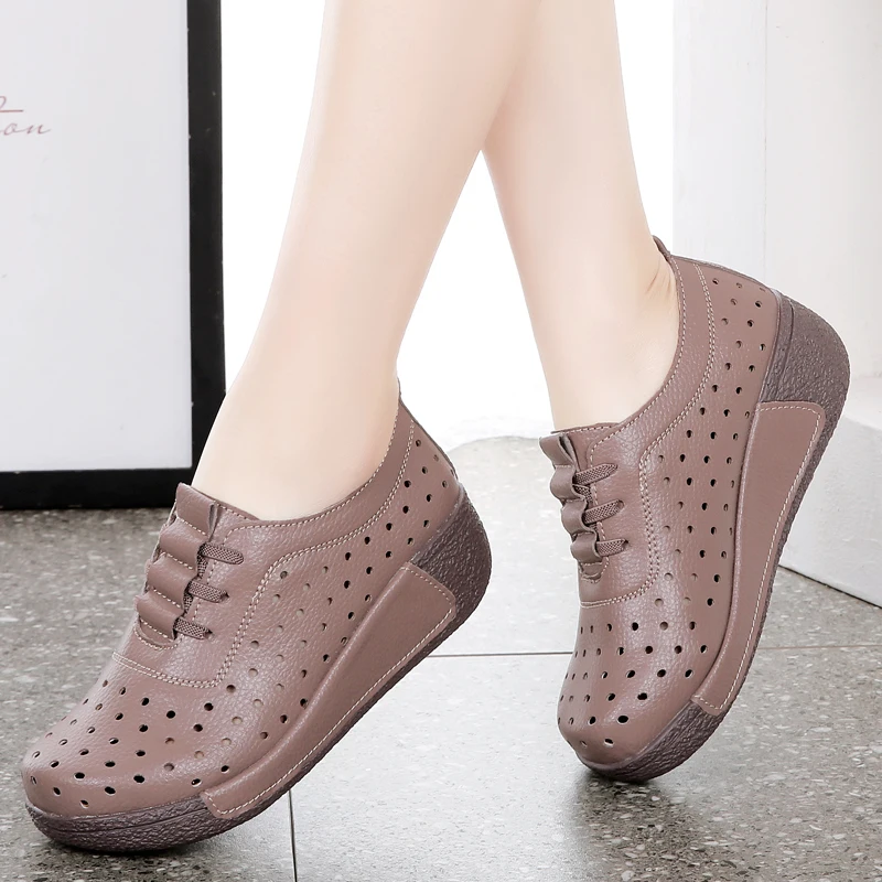 Split leather Hollow Shoes Woman platform Heel High 5cm Women SneakersLoafers Ladies shoes