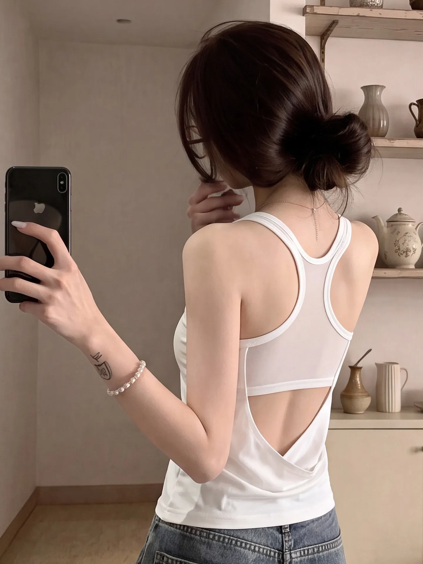 Korean Style Women's Hollow out Backless Tank Top Breathable Summer Inner Wear White Base Layer Tank for City Walk
