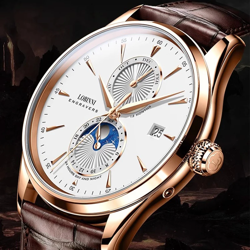 LOBINNI Rose Golden Elegant Moon Phase Design Calendar Display Brown Leather Mens Watch Brand Luxury Automatic Mechanical Watch
