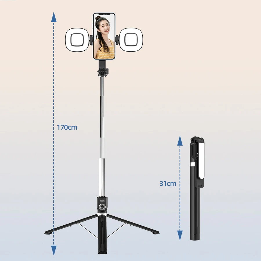 1.7M  Extendable live Tripod Selfie Stick Support LED Ring Dual light mirror Stand 4 in 1 Phone Mount for Android IOS Cell Phone