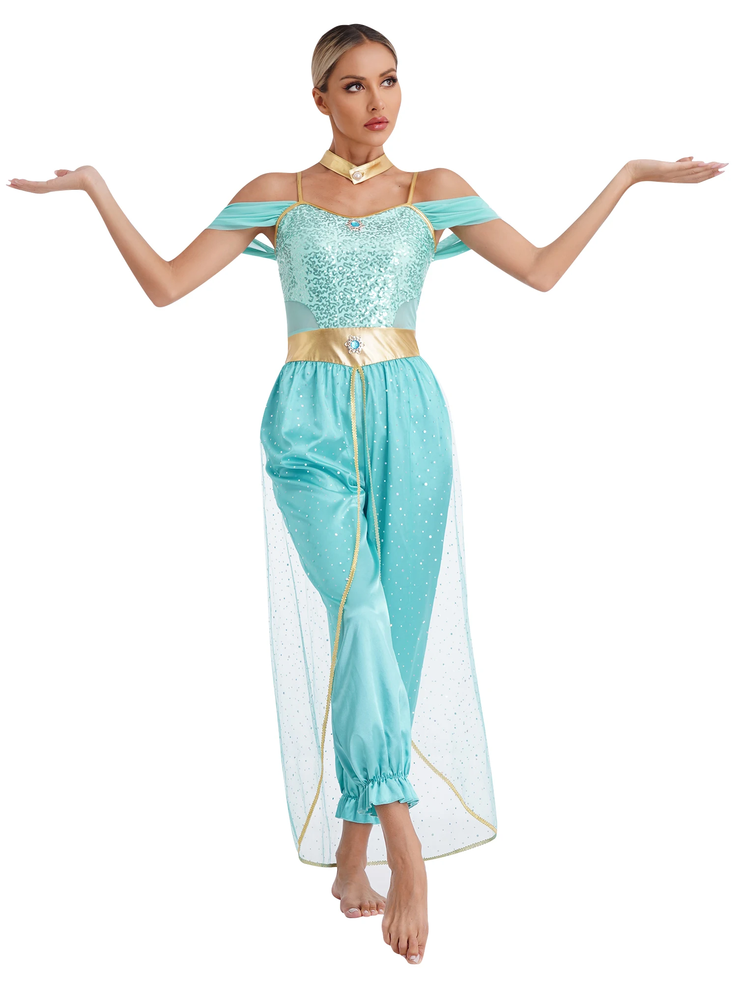 Womens Belly Dance Costume Carnival Festival Arabian Princess Cospaly Costumes Romper with Metallic Shiny Choker for Halloween