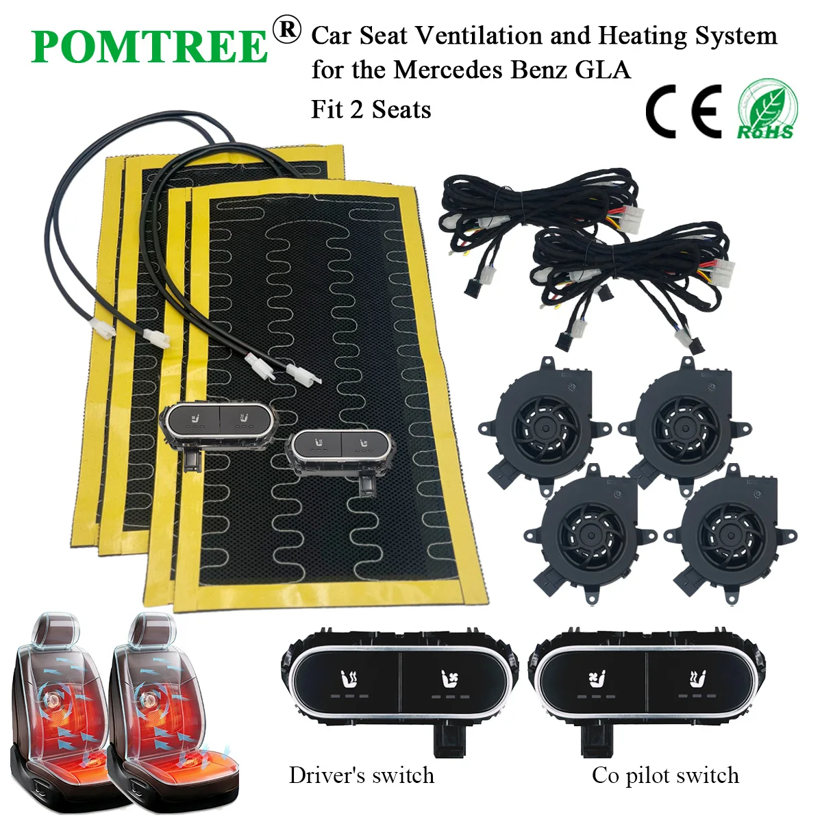 Car Seat Ventilation And Heating Kit Fit 2 Seats,With Fans And Switch Suitable For Mercedes Benz GLA Car Seat Modification
