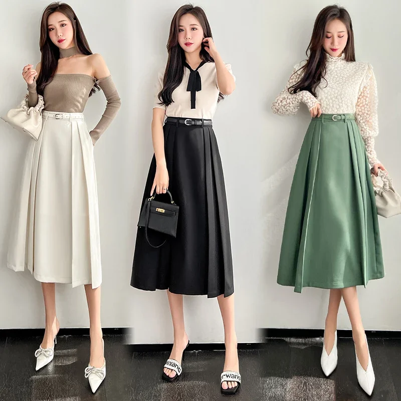 Ladies Elegant Fashion Large Hem Pleated Long Black Skirt Women Clothes Girls Korean Skirts Chic Casual Faldas Largas BPAK3726