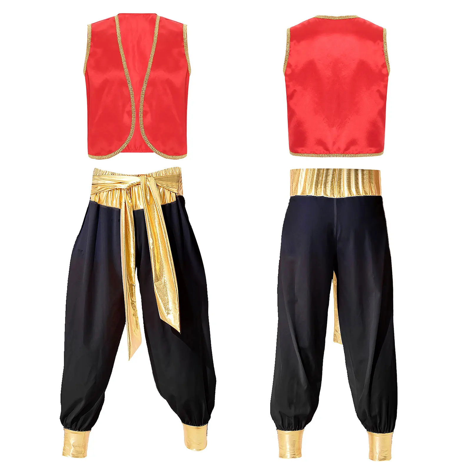 Mens Arabian Prince Costume Mythical Aladin Halloween Carnival Cosplay Party Outfit Sequins Trim Waistcoat with Belted Pants