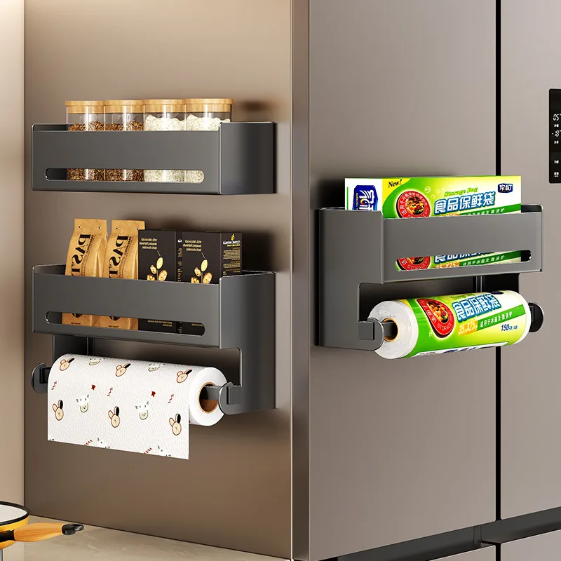 Magnetic Fridge Side Rack No Drilling, Multifunctional Kitchen Hanger for Spice Jars, Plastic Wrap and Oil Absorb Paper