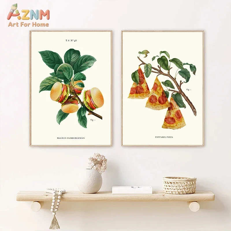 AZNM Funny Vintage Food Botanical Canvas Wall Art, Macaron Donut Pizza Burger Surreal Fruit Print Kitchen Dining Room Home Wall view 3